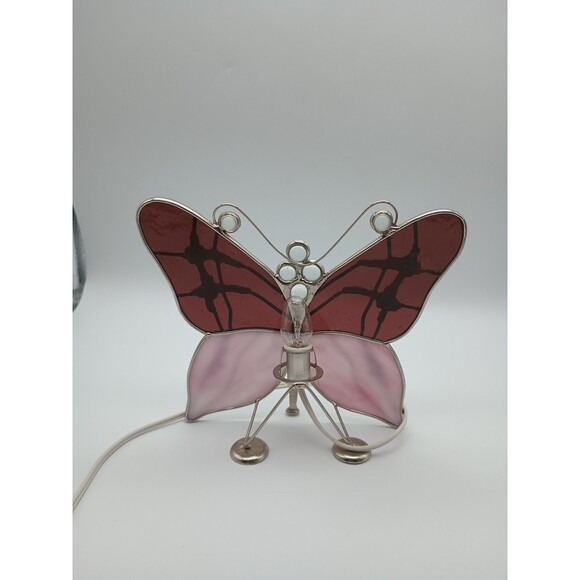 Stained Glass Purple & Pink Butterfly Night Light 7"x8" Silver Accents H6 - Picture 7 of 9